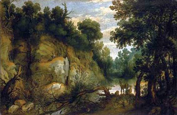Wooded Landscape with Deers by a River