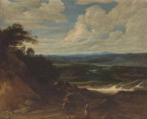 A Landscape with Figures and a Wagon on a Track in the Foreground