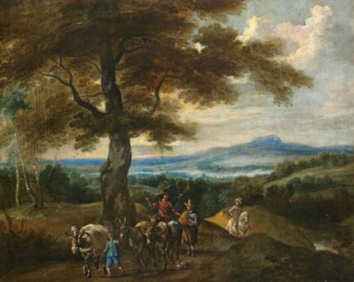 Wooded Landscape with Horseriders and Peasants