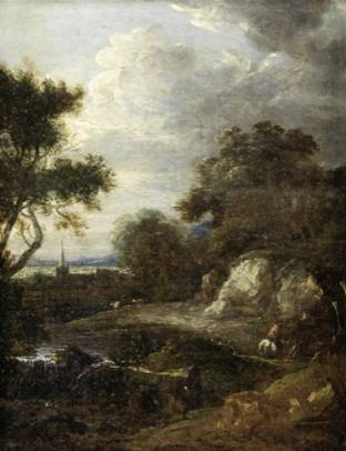 A Rocky Landscape with Figures Conversing Near a Waterfall