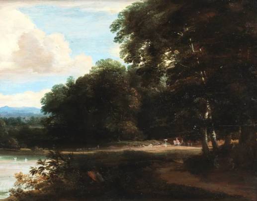 Forest Landscape with Figures on a Path Leading along a River Bank