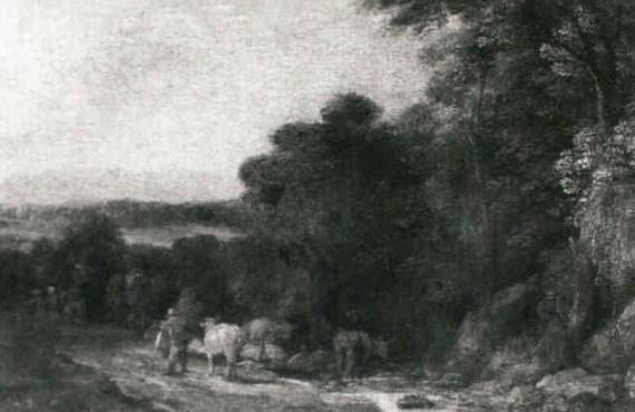 A Herdsman and His Cattle beside a Rocky Stream at the Edge of a Woodland