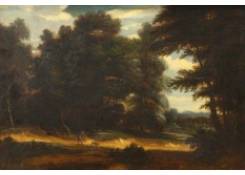 A Wooded Landscape with a Sportsman and his Dog on a Sandy Road in the Centre
