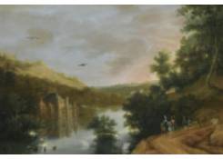 Work 5032: Extensive River Landscape with an Elegant Company on Horseback, a Castel by the River