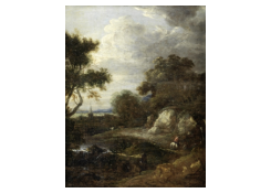 Work 5052: A Rocky Landscape with Figures Conversing Near a Waterfall
