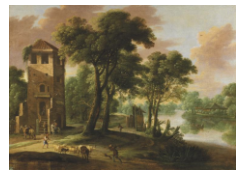 Work 5053: Sheperd and Horseman near a Tower in a River Landscape