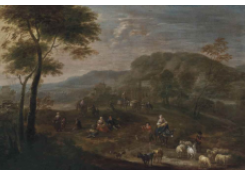 Work 5123: A Wooded Landscape with a Shepherd and its Flock and Travellers on a Path