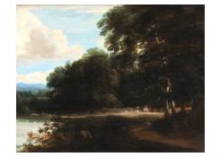 Work 5235: Forest Landscape with Figures on a Path Leading along a River Bank