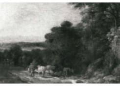 A Herdsman and His Cattle beside a Rocky Stream at the Edge of a Woodland