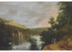 Work 5032: Extensive River Landscape with an Elegant Company on Horseback, a Castel by the River